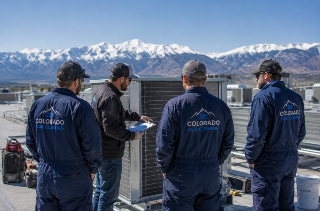 Colorado Coil Cleaning team coordinating with a contractor on a commercial rooftop in front of the Colorado mountains