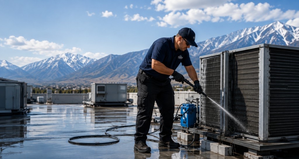 Illustrative image: technician cleaning a commercial rooftop HVAC coil with Colorado mountains in the background