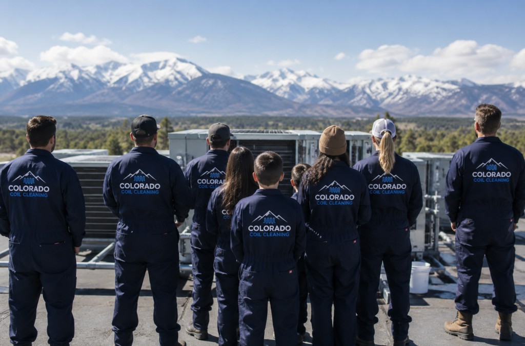 Colorado Coil Cleaning team in branded coveralls on a rooftop overlooking the Colorado mountains